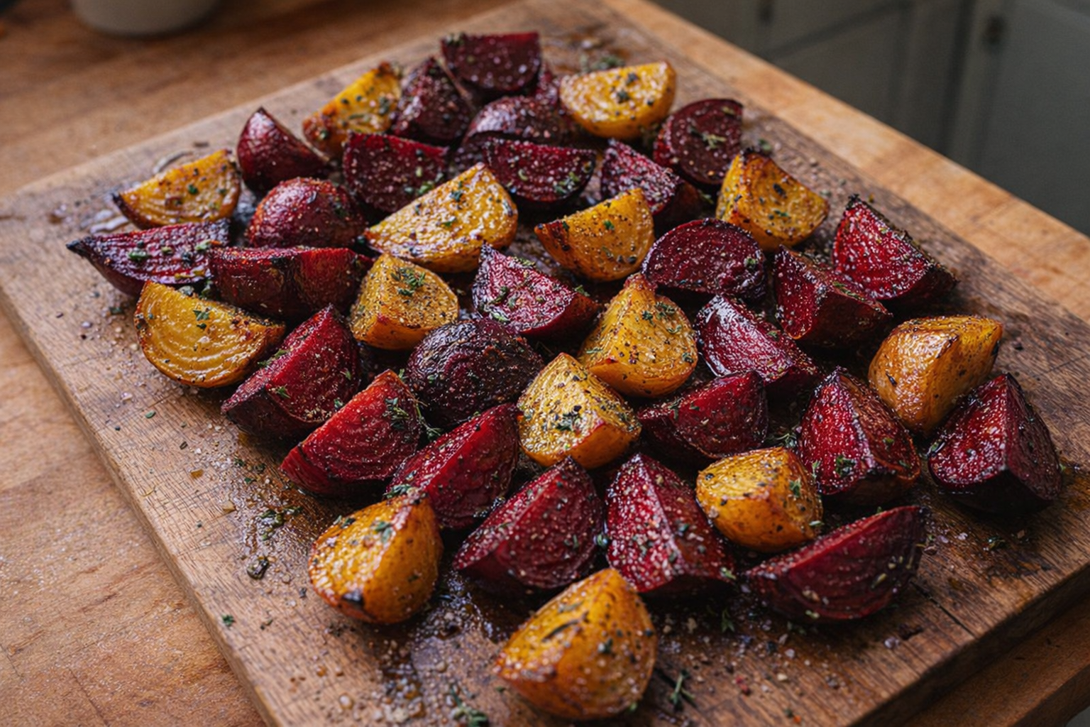 Overhead shot of vibrant roasted beets, glistening with olive oil and herbs, arranged artfully on a rustic wooden cutting board. Warm, natural lighting highlighting the beets' deep red and golden hues.